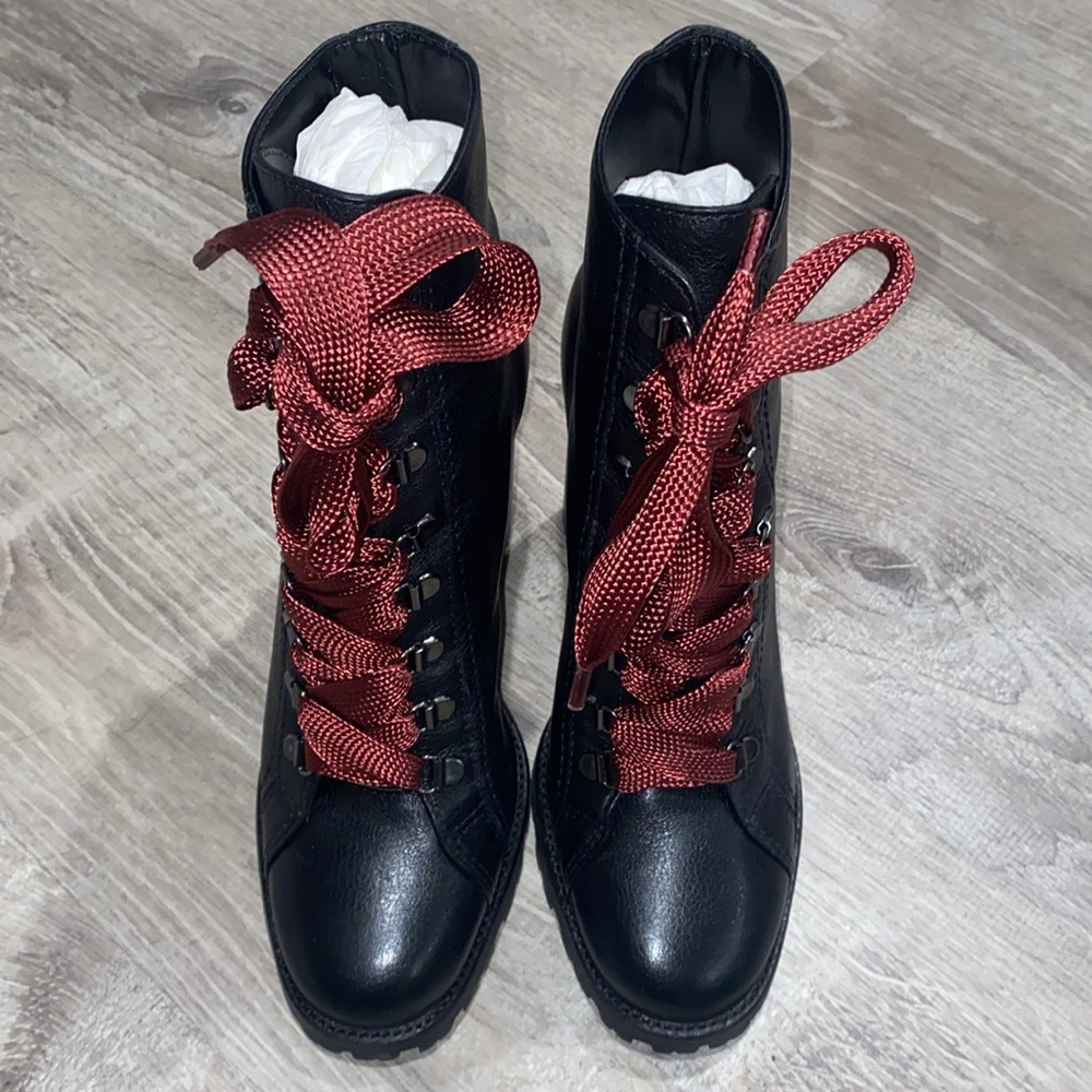 Schutz Black Booties women size 9 with burgundy & black shoelaces 4 inch heel  - Picture 3 of 10